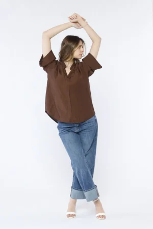 BLUSA casual a trama striata con manica a tre quarti e colletto alla coreana aperto a V