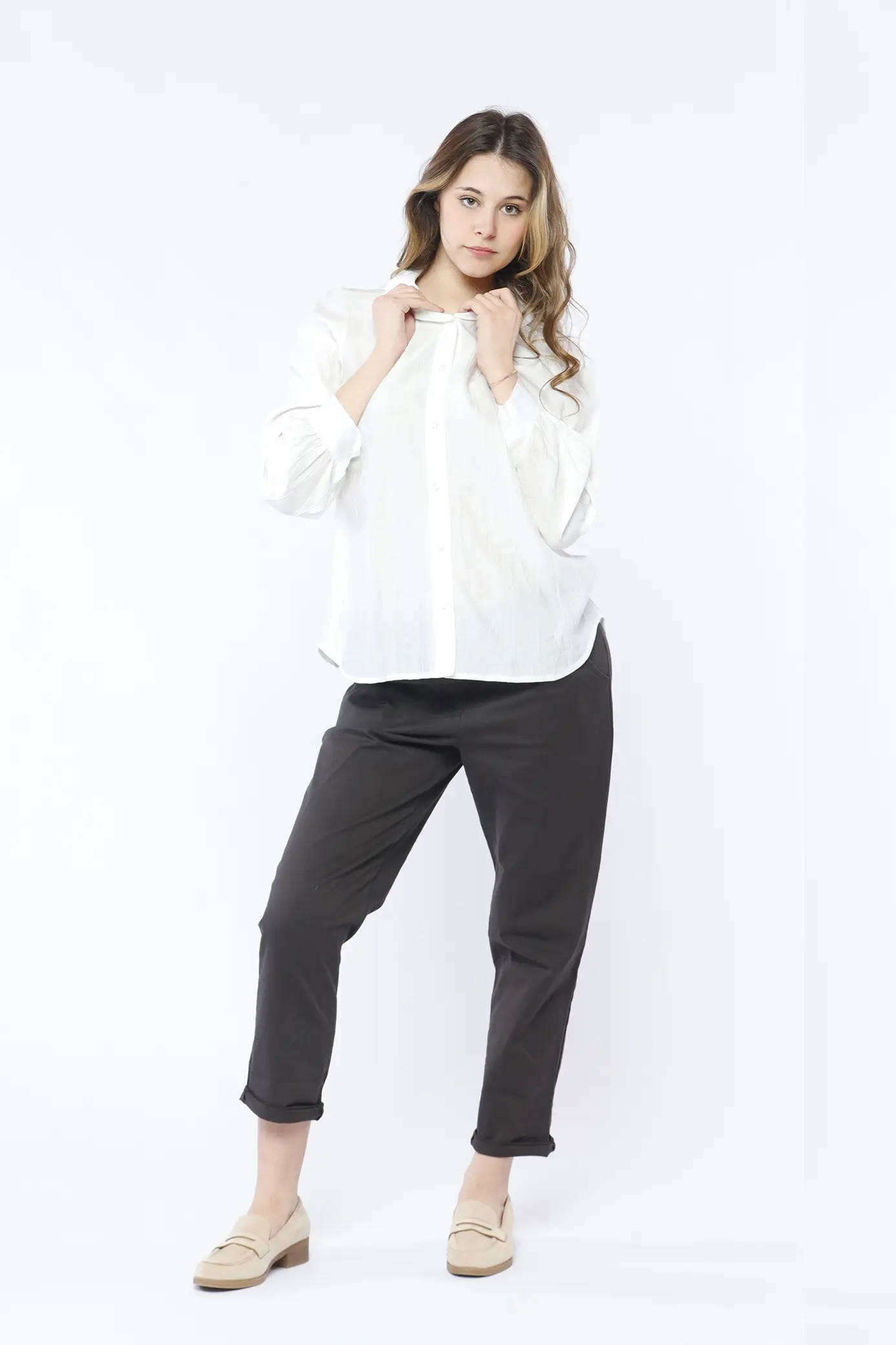 CAMICIA versatile a trama striata con bottoni sui polsini e colletto alla francese ONEWORLD HYBRID