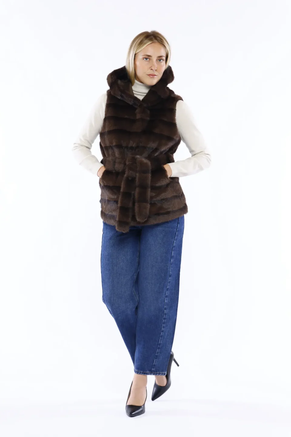 CAPPOTTO gilet pellicciato con cappuccio caldo e cinta di chiusura in vita ONEWORLD HYBRID