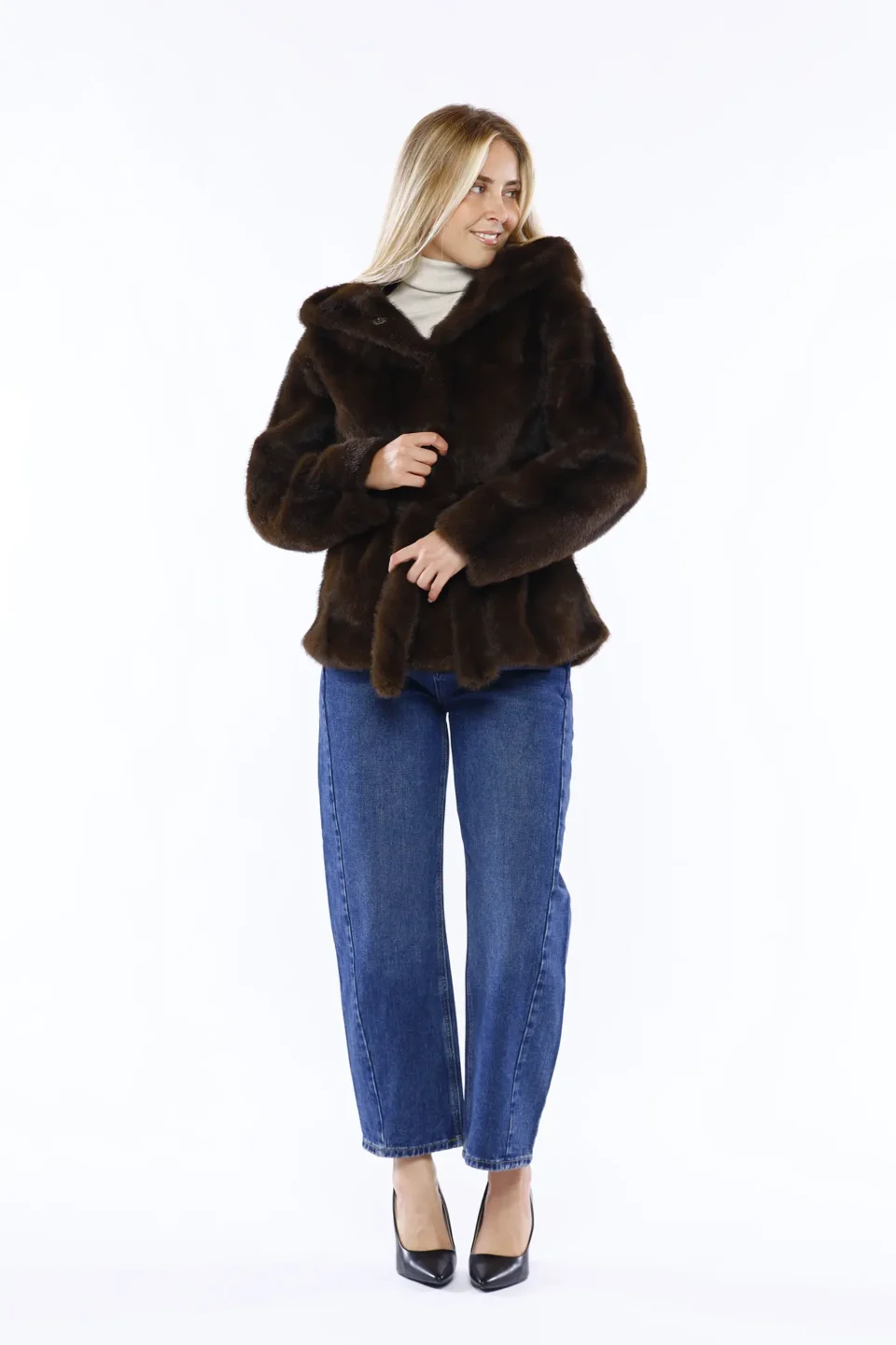 CAPPOTTO pelliccia a pelo corto con caldo cappuccio striature verticali  di tendenza