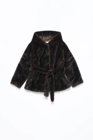 CAPPOTTO pelliccia a pelo corto con cappuccio bottoni di chiusura ed elegante cinta in vita