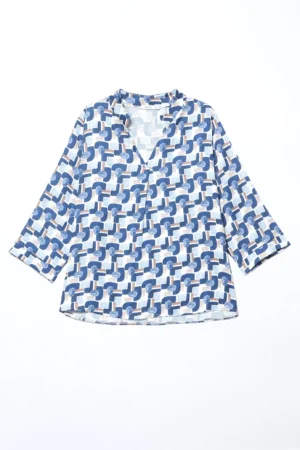 BLUSA a fantasia geometrica con maniche a kimono e colletto alla coreana aperto a V