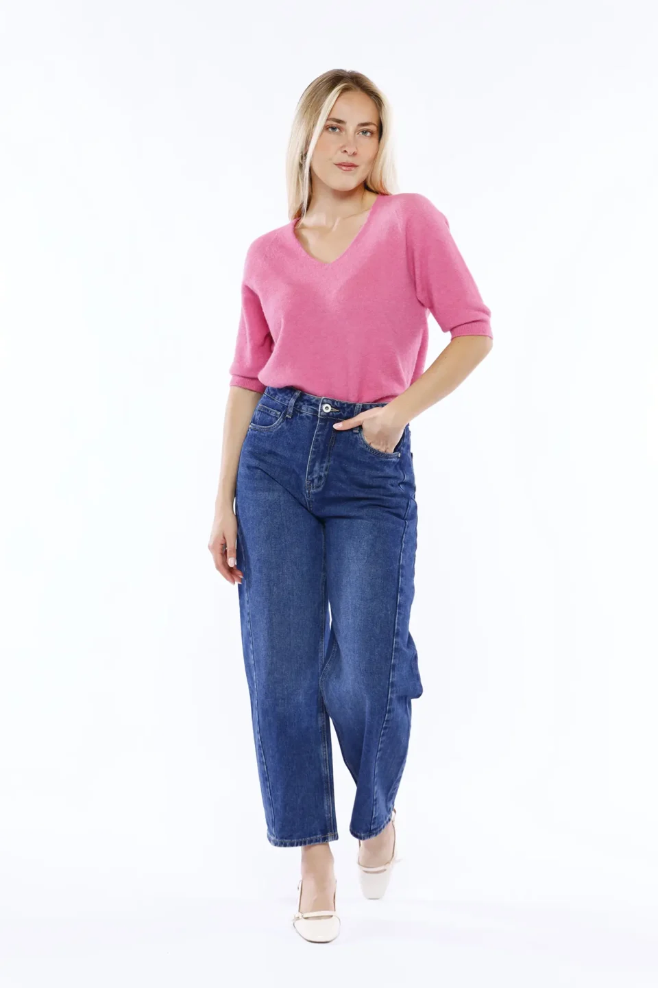 PANTALONE barrel in denim con cucitura verticale di tendenza e chiusura a bottone ONEWORLD HYBRID