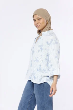 BLUSA scollo a V  stampa a fiori e righe