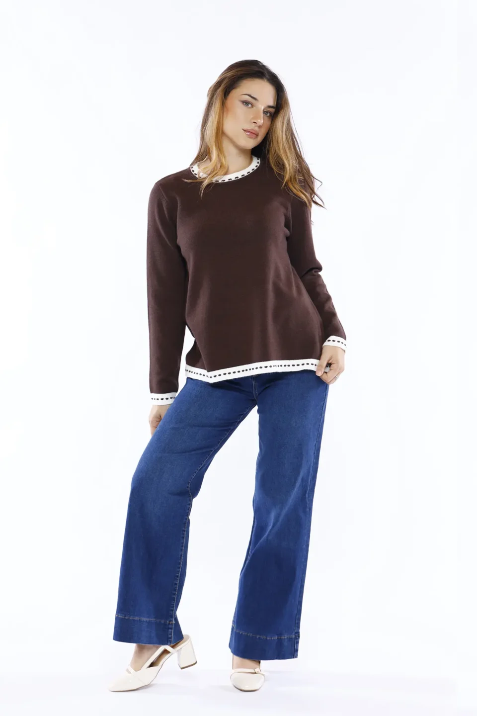 MAGLIA bicolore con orli ricamati a costine ONEWORLD HYBRID