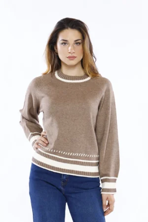 MAGLIA pullover con fondo a righe di tendenza e orli bicolore a coste