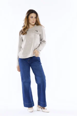 MAGLIA everyday a girocollo con orli a costine con graziosa rosa in rilievo al petto ONEWORLD HYBRID