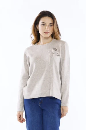 MAGLIA everyday a girocollo con orli a costine con graziosa rosa in rilievo al petto