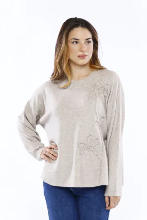 MAGLIA versatile a girocollo con graziosi fiori verticali in rilievo su un lato