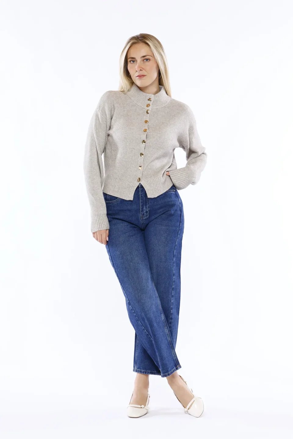 CARDIGAN elegante e di tendenza chiuso da bottoni fino al collo alto a barca e con orli a costine ONEWORLD HYBRID