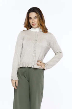 CARDIGAN elegante con chiusura a bottoni su scollo a giro e volant agli orli di tendenza