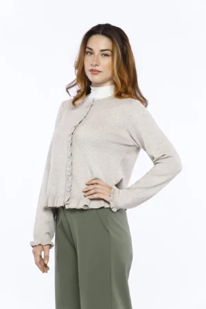 CARDIGAN elegante con chiusura a bottoni su scollo a giro e volant agli orli di tendenza