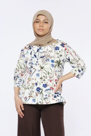 BLUSA ampia a fantasia fiori di campo con scollo a barca e manica a tre quarti