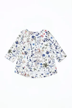 BLUSA ampia a fantasia fiori di campo con scollo a barca e manica a tre quarti
