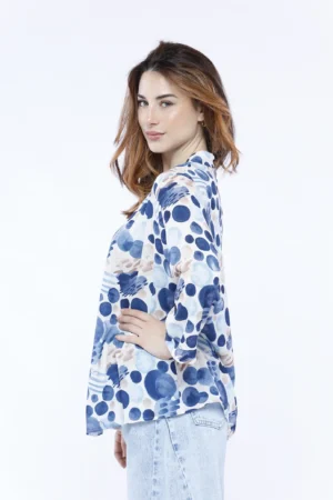 BLUSA ampia a fantasia di pois con colletto alla coreana aperto a V