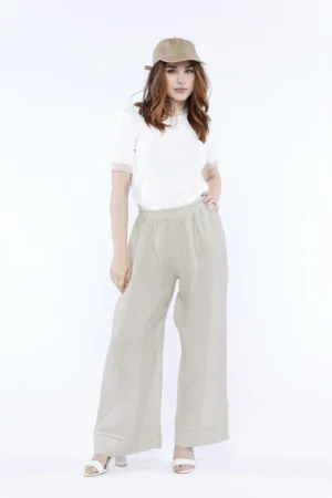 PANTALONE wide leg in fresco lino con elastico di chiusura e orli alti alle caviglie