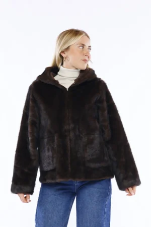 GIACCA pelliccia corta reversibile con striature diagonali e caldo cappuccio