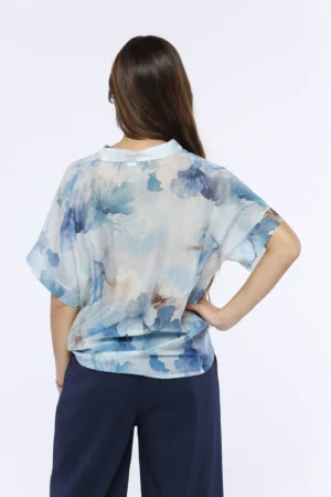CAMICIA ampia e fresca astampa fiori con elegante colletto alla coreana e manica corta