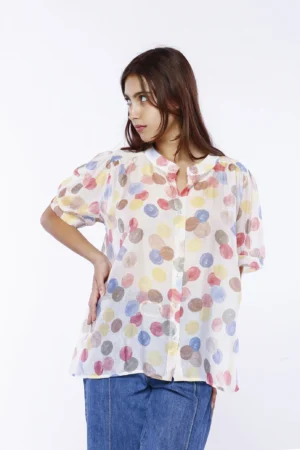 CAMICIA corta e casual a pois pastello di tendenza con colletto alla coreana e manica corta