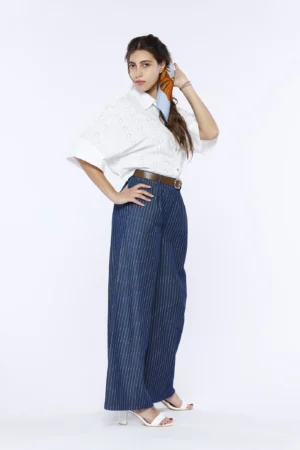 PANTALONE pull-on rigato wide leg in fresco chambray di cotone con passanti alla cintura