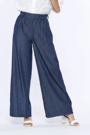 PANTALONE pull-on rigato wide leg in fresco chambray di cotone con passanti alla cintura