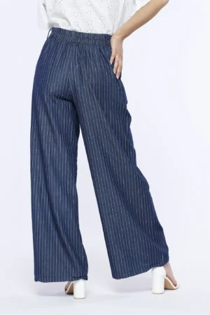 PANTALONE pull-on rigato wide leg in fresco chambray di cotone con passanti alla cintura