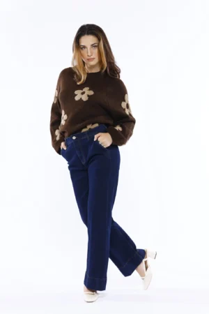 PANTALONE in denim a zampa larga con chiusura a bottone orli alti alle caviglie e tasche laterali ONEWORLD HYBRID